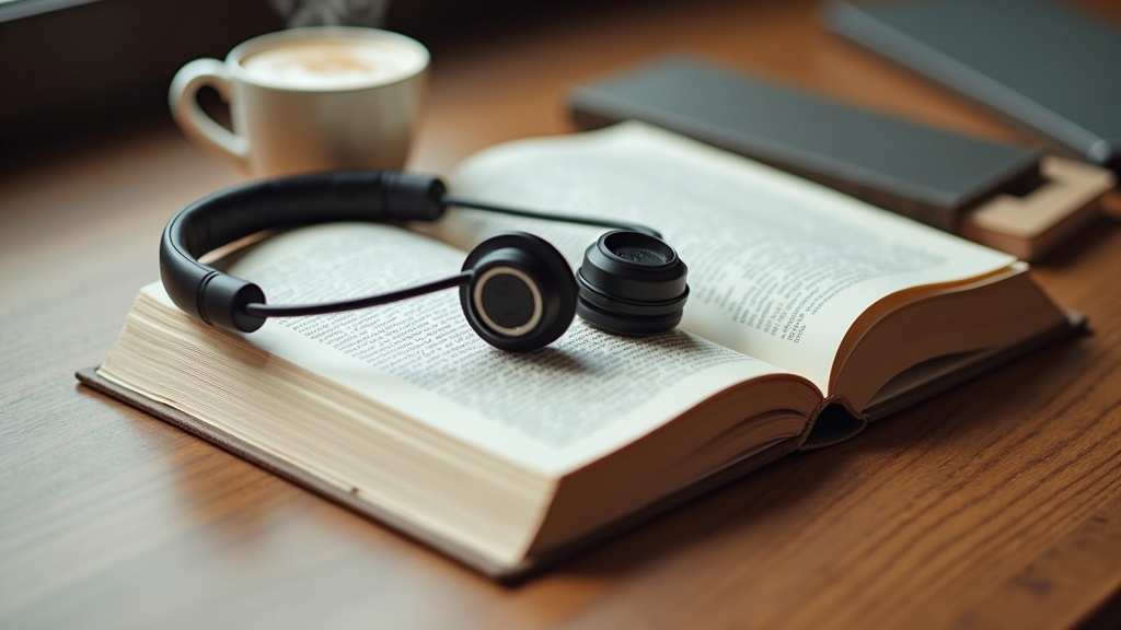 Open book with headphones on a cozy table, surrounded by coffee and notepads